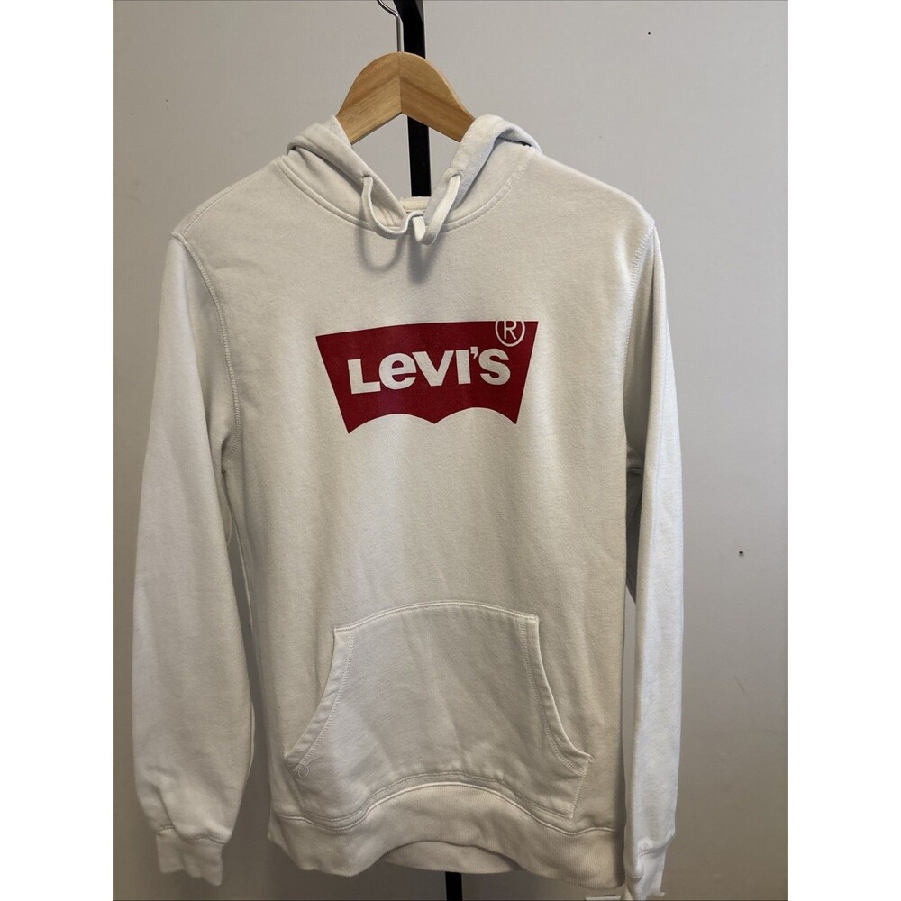 Mens Levi's Long Sleeve Hoodie Sweatshirt Large White Red Logo Front Pocket